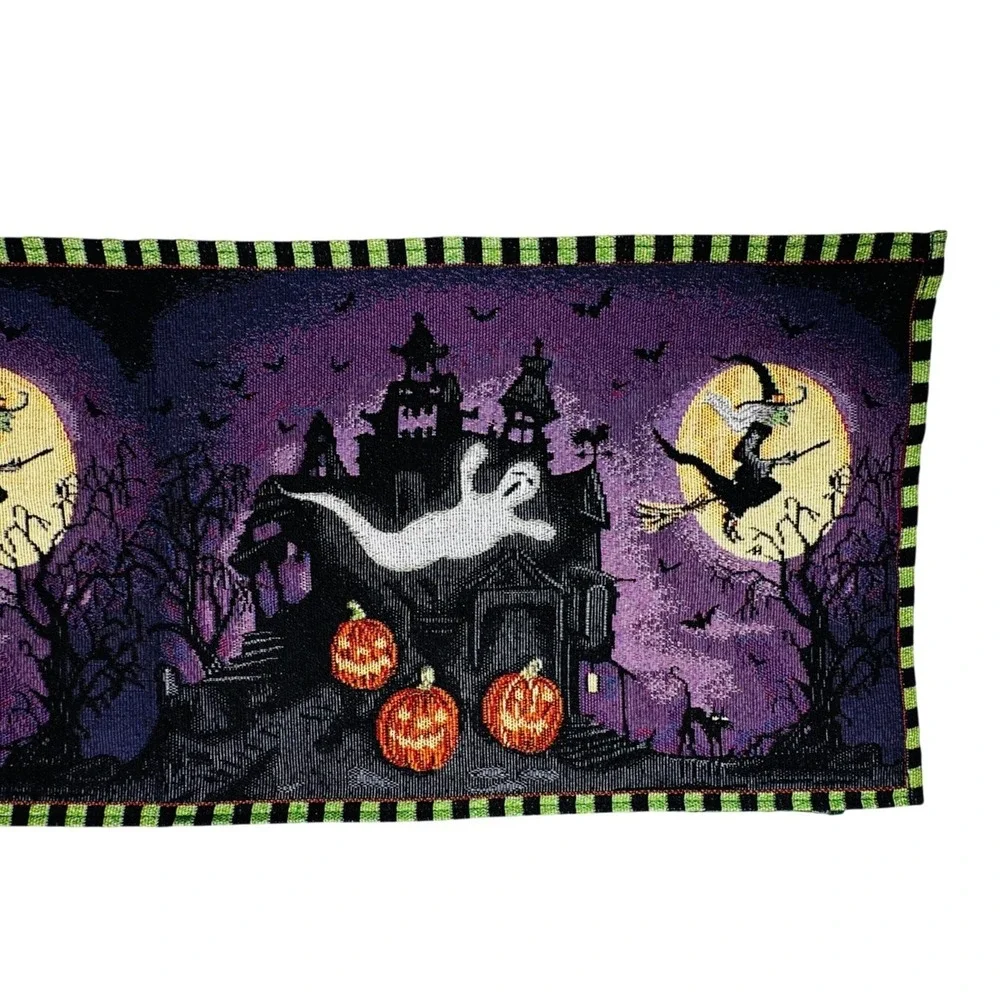 Halloween Haunted House Ghost Witch Moon Woven Tapestry Table Runner 72x13